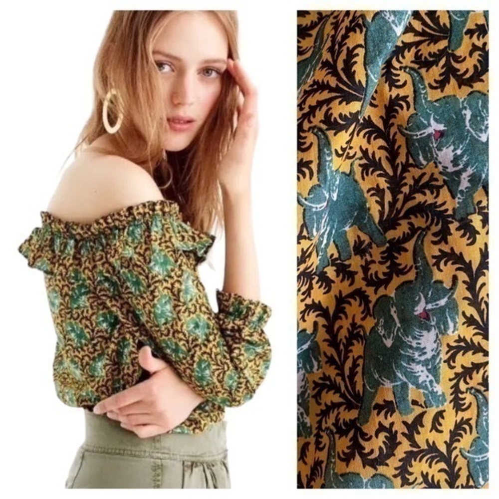 J. Crew Mustard Yellow and Green Elephant Print Ruffle Off The Shoulder Top 2
